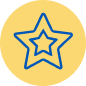 A blue outlined star with a smaller star inside it, set against a yellow circular background.
