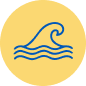 A blue wave icon with three wavy lines beneath it is centred on a yellow circular background.