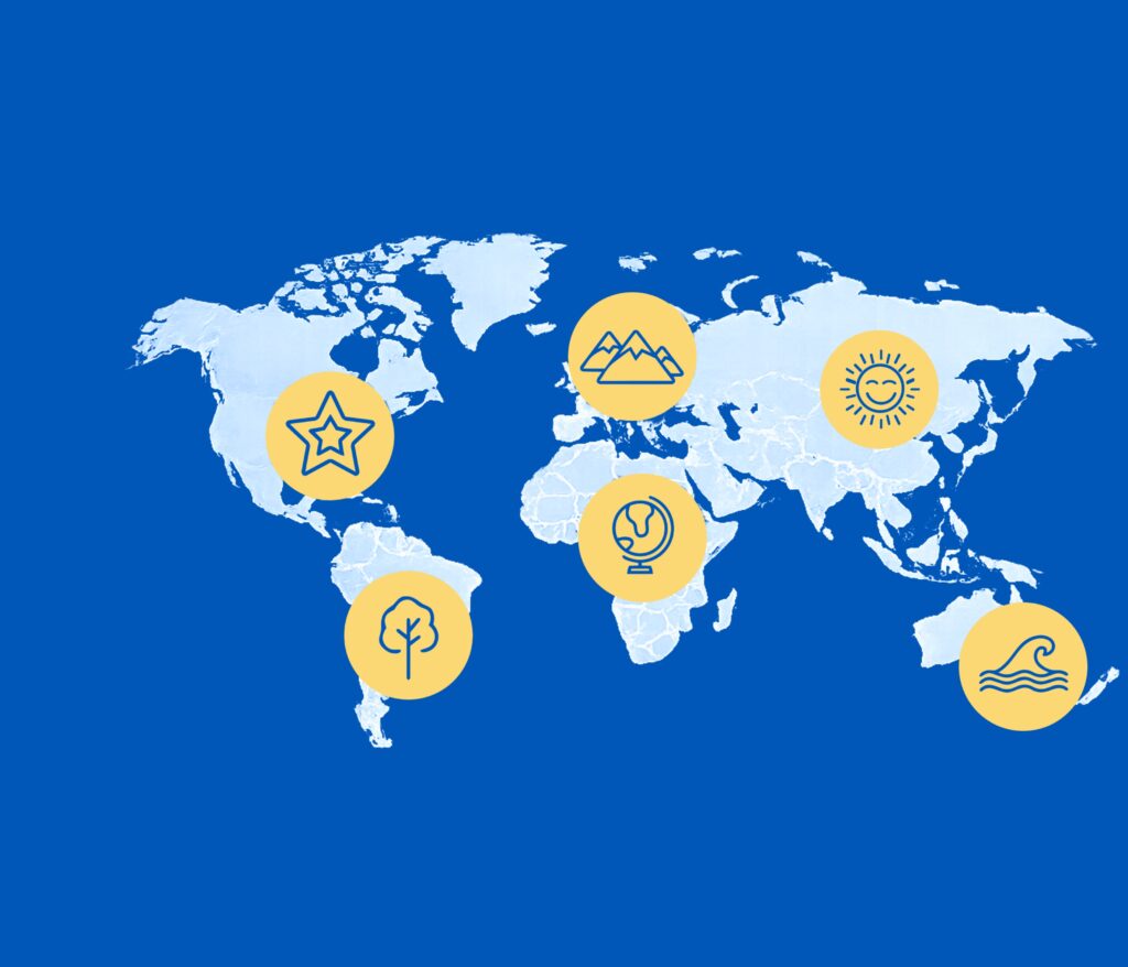 A light blue world map on a blue background features six yellow circles with icons: a star, tree, mountains, globe, sun, and waves, each placed on different continents.