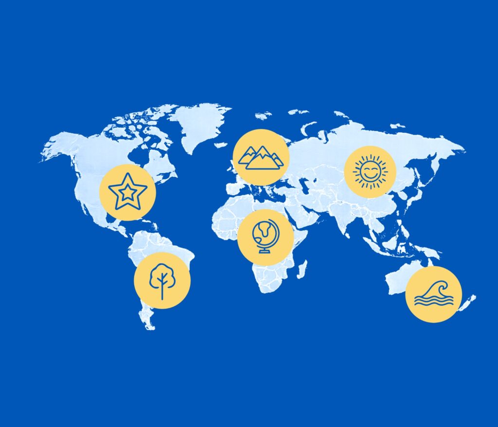 A light blue world map on a blue background with five yellow circles showing icons: a star, mountains, a sun, a tree, and ocean waves, placed over different continents.