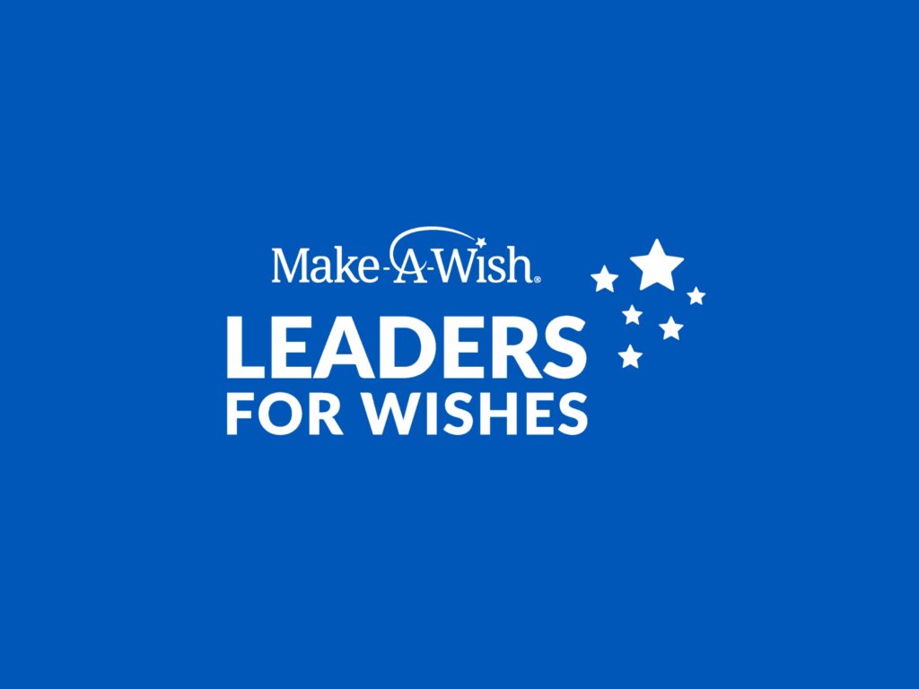 White “Leader for Wishes” text on a blue background, accented by a cluster of white stars to the right of the text.