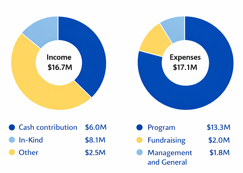 Two pie charts: Left shows income (£16.7M) from cash contributions (£6M), in-kind (£8.1M), and other (£2.5M). Right shows expenses (£17.1M) for programme (£13.3M), fundraising (£2M), and management/general (£1.8M).