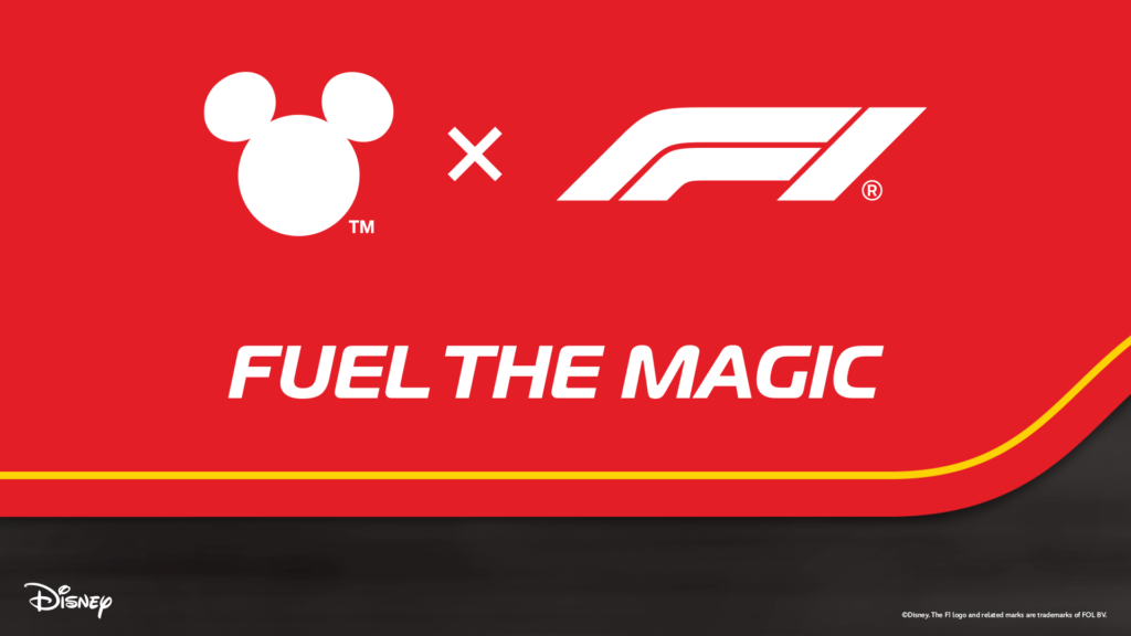 Red graphic featuring the Disney Mickey Mouse logo, the Formula 1 logo, and the phrase FUEL THE MAGIC in bold white letters. Disney and F1 trade marks are noted in the bottom corners.