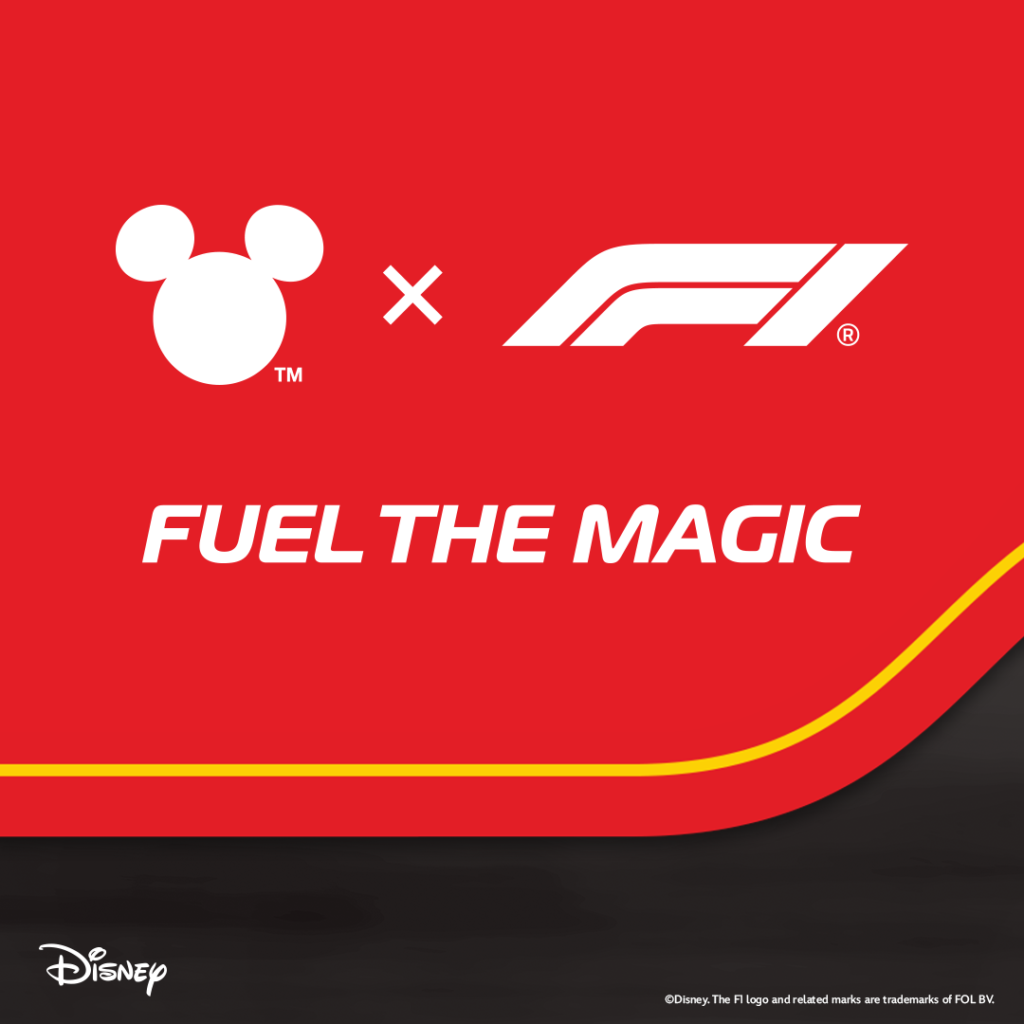 Red graphic featuring the Disney Mickey Mouse logo, the Formula 1 logo, and the phrase FUEL THE MAGIC in bold white text. Disney branding appears in the lower left corner.
