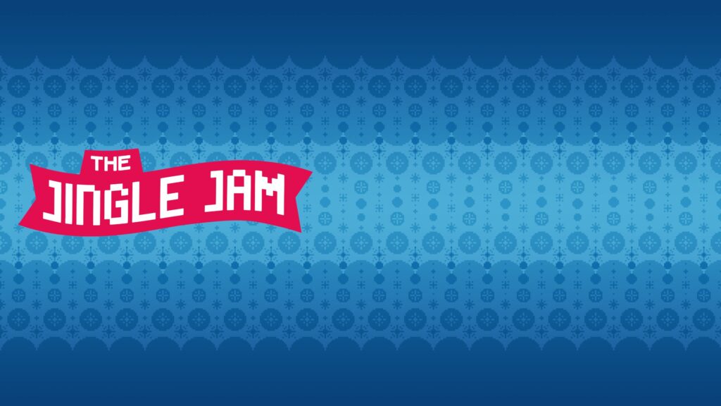 A blue background with a pattern of snowflakes and a red banner on the left that reads Jingle Jam 2026 Make-A-Wish in bold white letters.