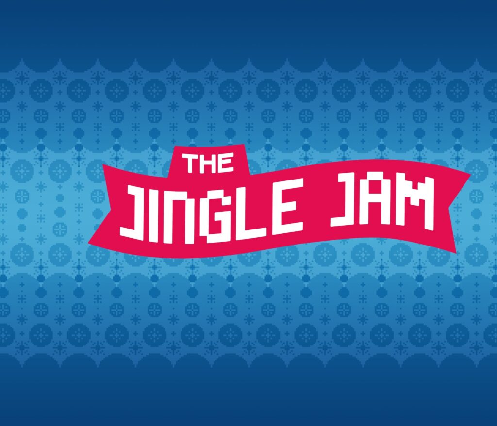 A red banner with white block letters reads THE JINGLE JAM on a blue patterned background with snowflakes and dots, celebrating charity streaming.