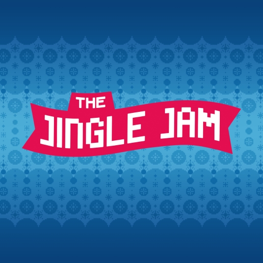 A red banner with white, blocky text reading THE JINGLE JAM appears on a blue patterned background with snowflakes and holiday icons, celebrating Jingle Jam 2026 in support of Make-A-Wish.