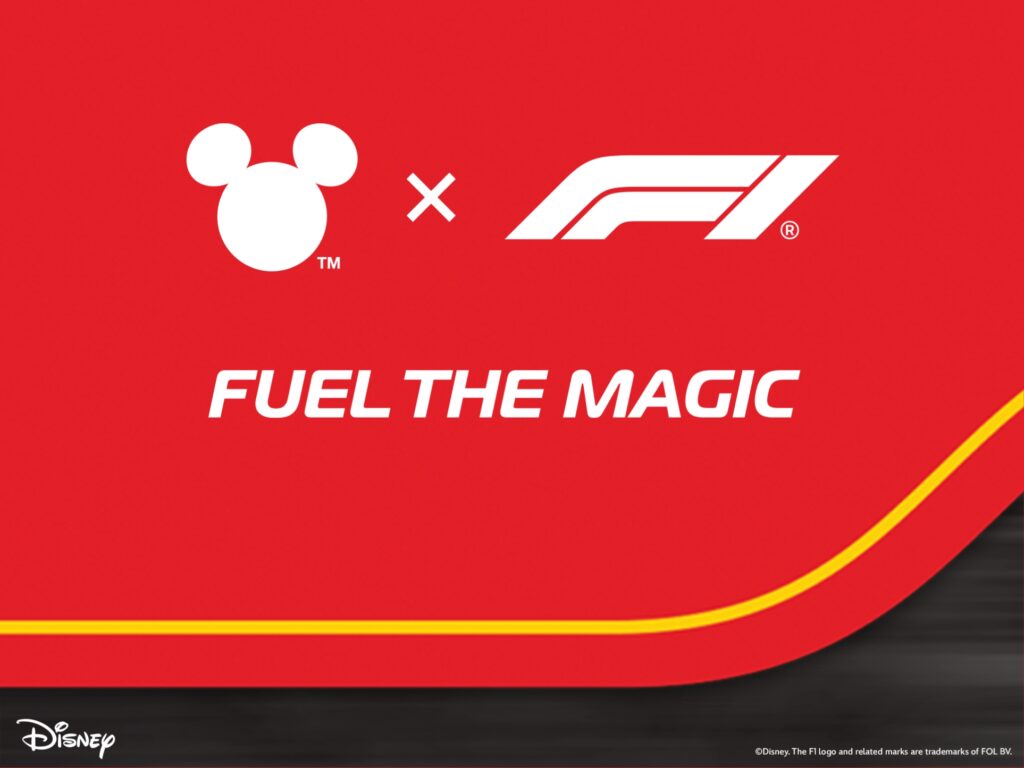 A red graphic featuring the Disney Mickey Mouse logo, the Formula 1 logo, and the text FUEL THE MAGIC in bold white letters. Disney copyright information appears in the bottom corners.