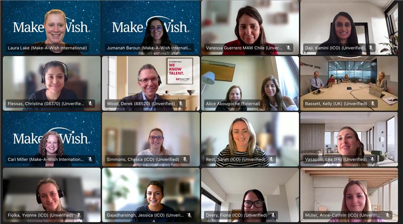 A screenshot of a virtual meeting shows 16 people smiling in individual video call windows, each labelled with their names and organisations. Several participants appear in home or office settings, some highlighting Robert Half fundraising for Make-A-Wish.