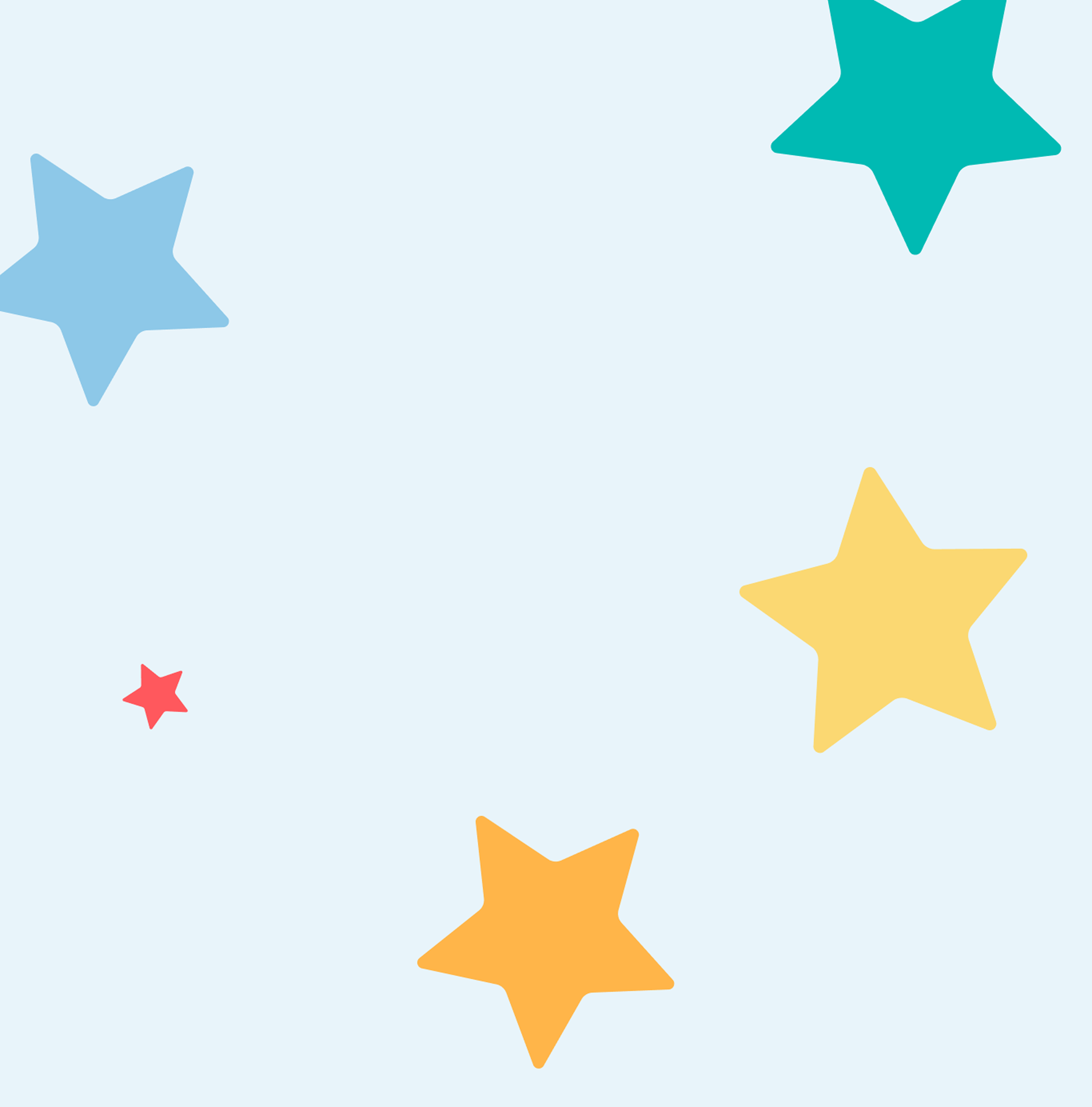 Illustration of six stars in various sizes and colours—yellow, orange, red, blue, and teal—scattered on a light blue background.