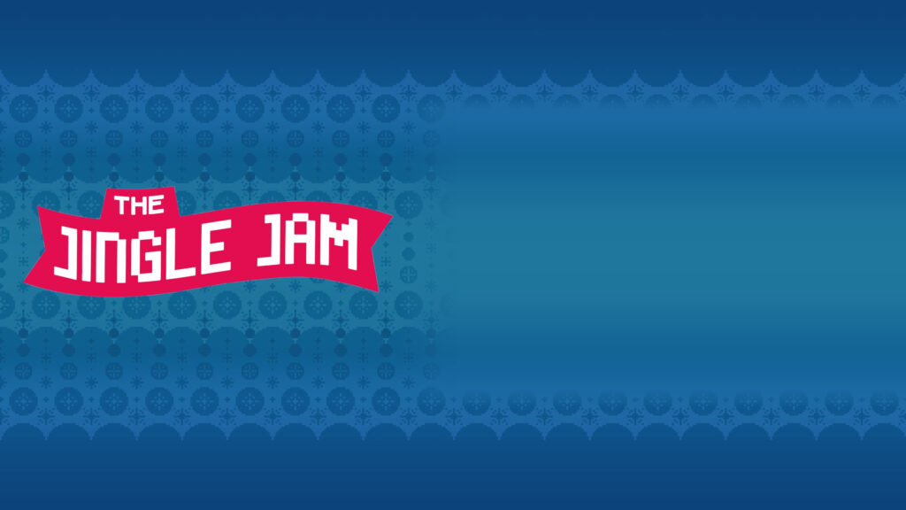 A red banner with white text reads Jingle Jam 2026 on a blue patterned background, highlighting the event’s partnership with Make-A-Wish, with a blank blue area on the right side.