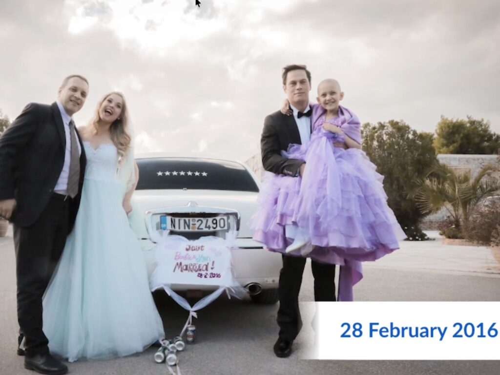 Four people in formal attire smile near a white car with a Just Married sign. A young girl in a purple dress is held by a man in a suit, perhaps dreaming of Binaya’s wish to have a soft elephant toy. Date on image: 28 February 2016.