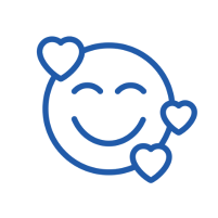 A blue outline of a smiling face with closed eyes, surrounded by three heart shapes, embodies the joy and hope found in every Career at Make-A-Wish.