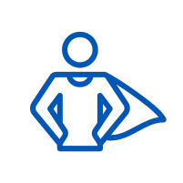 Blue outline icon of a person with hands on hips and a cape flowing behind, symbolising confidence and a heroic Career at Make-A-Wish, on a light grey background.