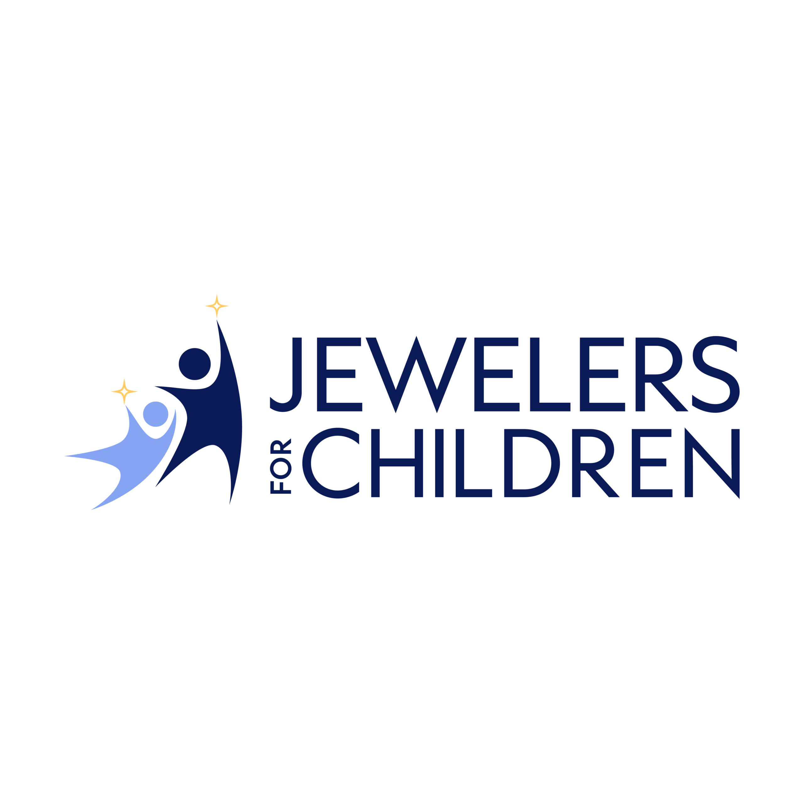 Logo for Jewellers for Children featuring a stylised icon of two figures reaching towards stars next to the organisation's name.