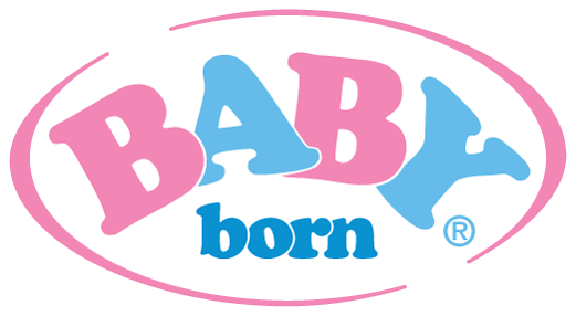 Baby born logo featuring pink and blue stylised text inside a white oval with a pink border.