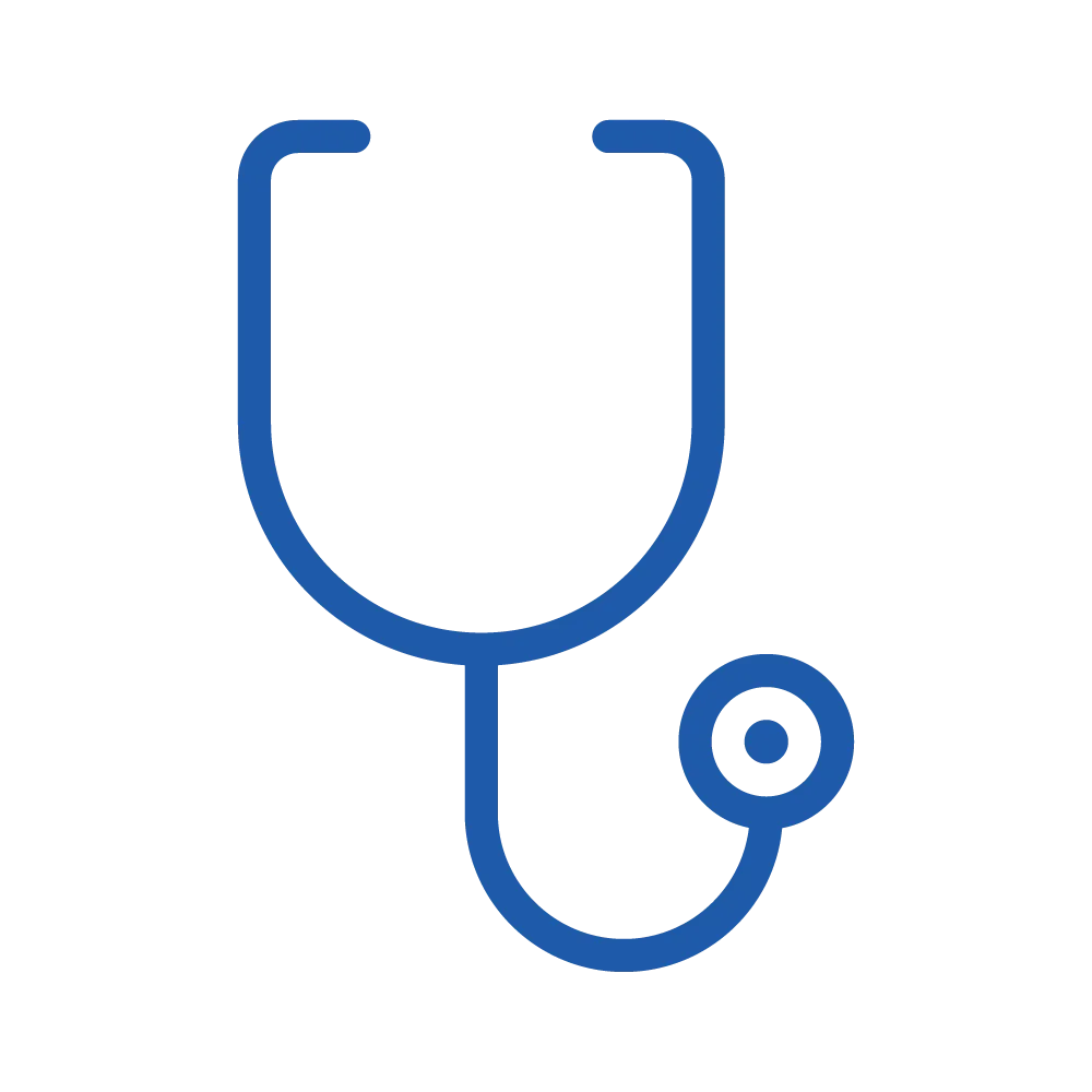 A simple blue outline of a stethoscope on a light grey background, symbolising healthcare or medicine.