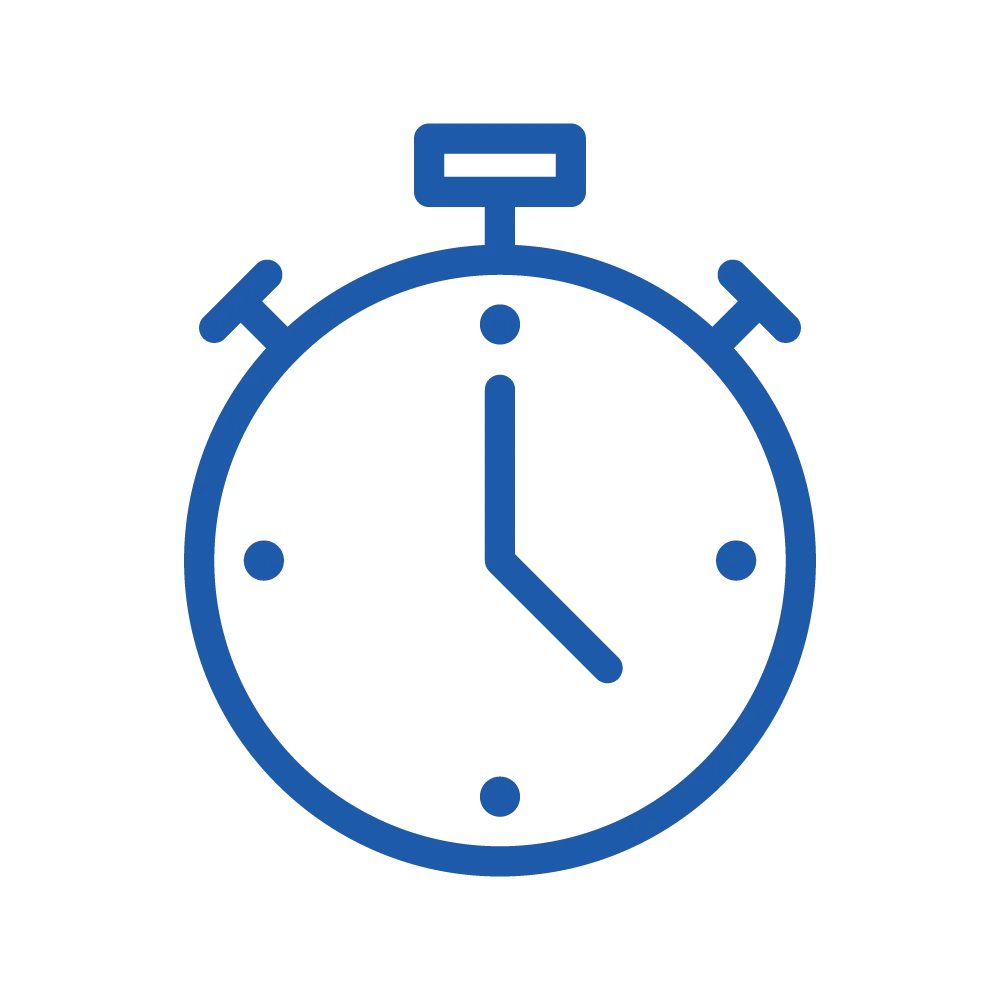 Blue outline of a stopwatch showing the time 12:20 on a light grey background. Simple, minimal design with two buttons on top of the stopwatch.
