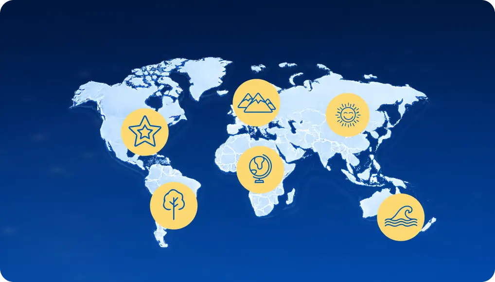 A world map with five yellow circular icons featuring a star, mountains, a sun, a globe, a tree, and ocean waves.