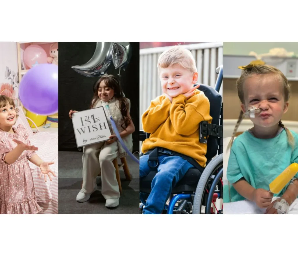 Four children: one in a pink dress with balloons, one holding a 1st wish sign and balloons, one smiling in a wheelchair, and one in a hospital gown holding ice lollies with a feeding tube.