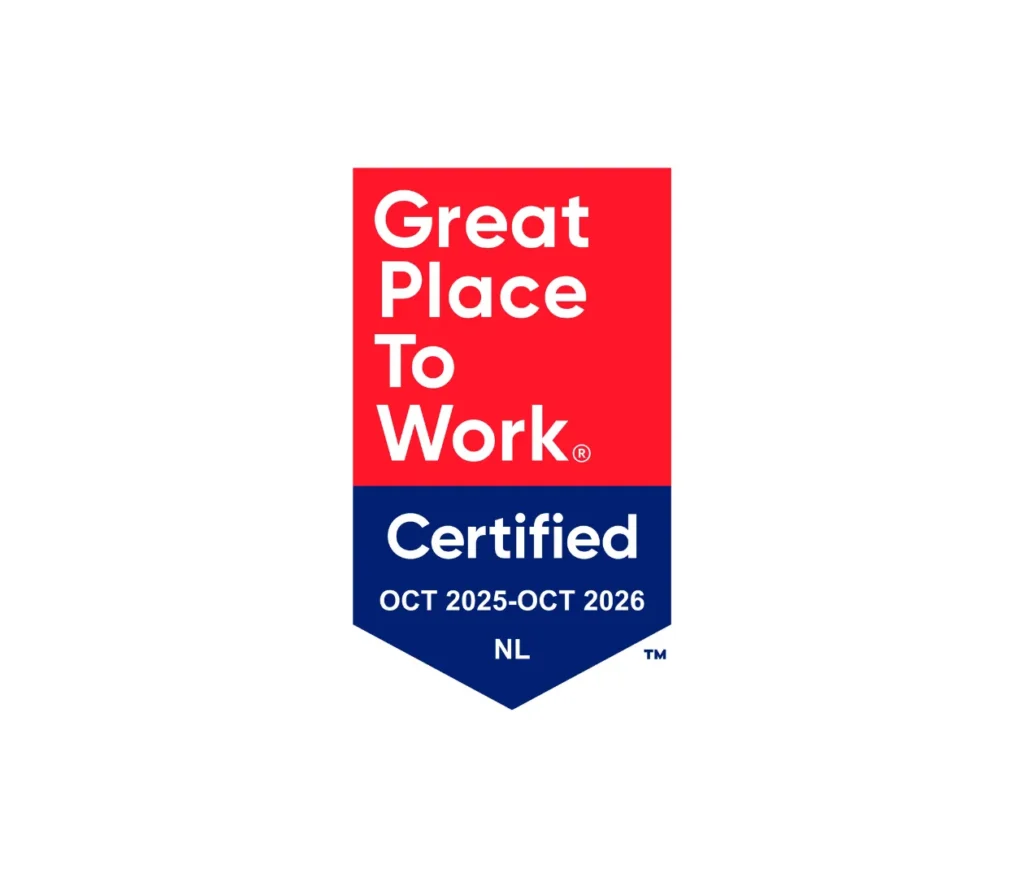 A red and blue badge with text: Great Place to Work Certified OCT 2025–OCT 2026 NL, highlighting an inspiring Career at Make-A-Wish.