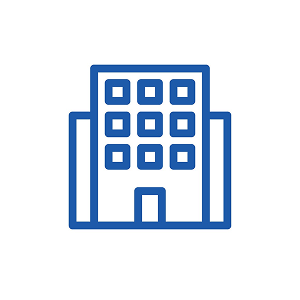 Simple blue outline of a building with a door and multiple square windows, centred on a white circular background—an inviting symbol for starting your career at Make-A-Wish.