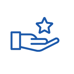 Blue outline of a hand with an open palm holding a star, on a white circular background.